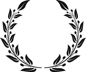 Poster - Symmetrical black and white laurel wreath creating a circular frame, featuring detailed leaves and berries, suitable for various design and decorative purposes