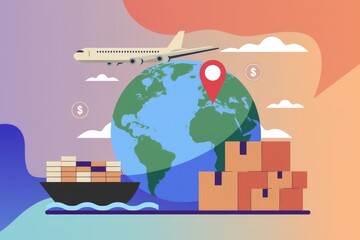 Poster - Global shipping and logistics  illustrating worldwide delivery of goods via air and sea