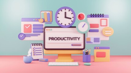 Leinwandbilder - 3D illustration of productivity concept with computer  clock  checklist  and other office supplies