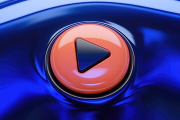 Poster - Orange play button with blue triangle on wave background.