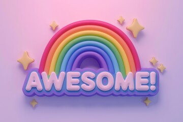 Poster - 3D render of rainbow and Awesome text on pink background