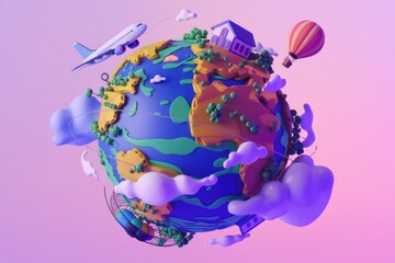 Poster - A whimsical 3D rendering of a cartoon Earth with airplane  hot air balloon  house  and clouds