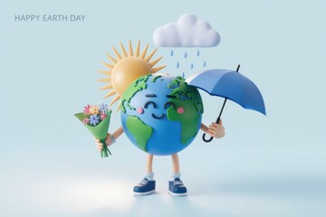 Poster - Happy Earth Day! A cute cartoon Earth holding flowers  an umbrella  under sun and rain