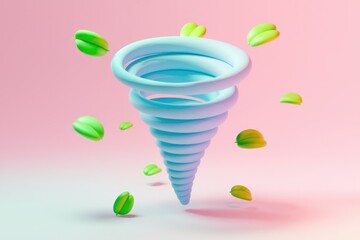 Poster - A pastel blue tornado with swirling rings and small green leaves floating around it