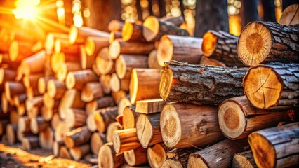 Poster - A Stack of Wood Logs Bathed in Warm Sunlight, Revealing the Natural Beauty of the Forest Floor