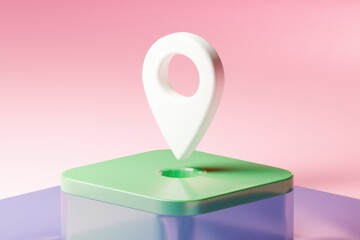 Poster - A 3D rendered image of a white location pin hovering over a pastel green square on a purple base