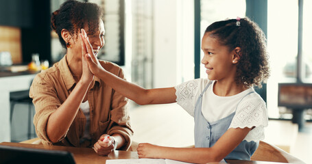 Aufkleber - Girl, mom and high five with education, homework and happy for solution, goals and support in house. People, mother and daughter with cheers, celebration and scholarship with learning at family home