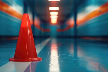 Poster - A vibrant, modern hallway featuring a red traffic cone, illuminated by overhead lights, with striking blue and orange colors enhancing the atmosphere.