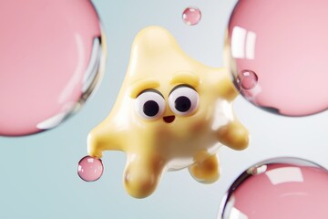 Aufkleber - Cute yellow star shaped character floats amidst pink bubbles  3D render
