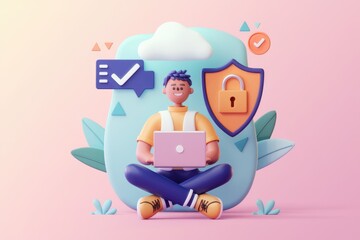Poster - A 3D cartoon character secures data on a laptop  symbolizing online safety and cloud protection