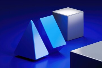 Poster - Abstract 3D render of blue pyramids and silver cubes on a blue background