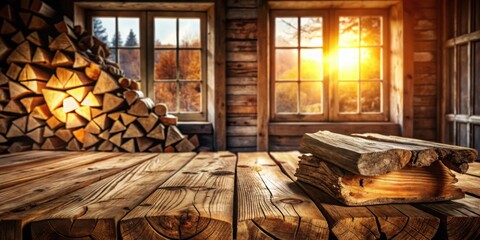 Poster - Rustic wooden table with a warm and inviting glow, set against a backdrop of a stacked woodpile and windows with a hazy sunset view