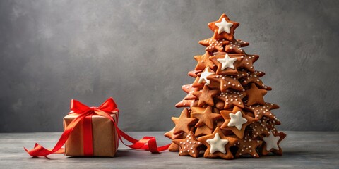 Poster - A Festive Gingerbread Christmas Tree Decorated with White Icing and Sprinkles Beside a Gift Wrapped in Brown Paper with a Red Bow