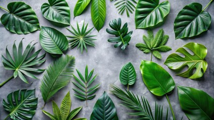 Aufkleber - An assortment of vibrant green leaves arranged in a circular pattern on a textured gray surface.  The leaves are a variety of shapes and sizes, creating a beautiful and natural design.