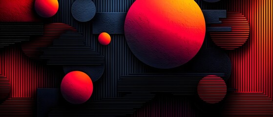 Poster - A vibrant abstract composition featuring a mix of spherical and geometric shapes in bold red, orange, and black tones, creating a modern and dynamic visual experience.