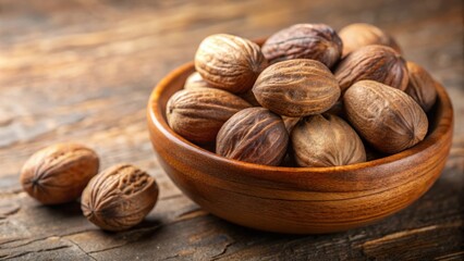 Poster - A bowl of whole nutmeg kernels on a rustic wooden surface, ready to be used in culinary creations.
