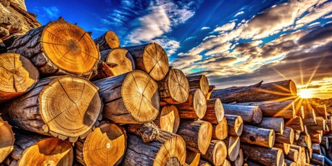 Poster - A pile of cut logs sits in the late afternoon sun, the golden light filtering through the clouds and illuminating the wood's natural grain and textures.