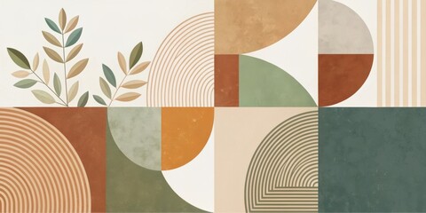Aufkleber - Abstract geometric pattern with muted green and brown tones, accented by delicate foliage