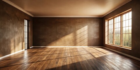 Poster - Sunlight streaming through a large window illuminates a spacious empty room with warm brown walls and hardwood floors.