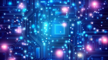 Poster - Futuristic abstract technology background featuring a blue and purple circuit board design with glowing digital lines, high-tech patterns, and a sleek neon aesthetic for modern innovation concepts and