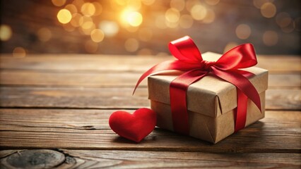 Poster - A red heart and a wrapped gift box with a red ribbon on a rustic wooden surface, bathed in warm, bokeh-filled light.