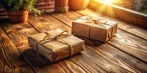 Poster - Two rustic brown gifts wrapped in twine and tied with bows, sitting on a weathered wooden table with warm sunlight streaming through the window