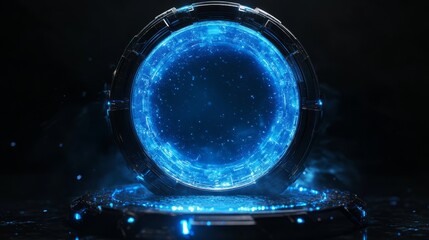Poster - Futuristic technology background featuring a blue hologram portal with magic fantasy elements, high-tech futuristic design, and abstract circular teleport podium