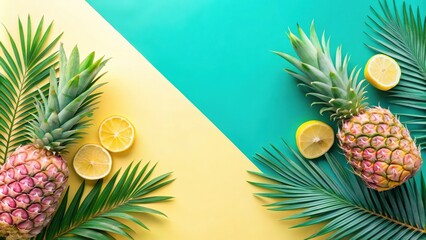 Poster - Tropical Summer Fruit Background with Palm Leaves and Pineapples on a Yellow and Teal Surface
