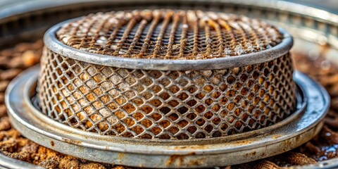 Poster - A rusty metal grate, with a fine mesh, sits atop a weathered ring, highlighting the passage of time and the enduring presence of industrial remnants.