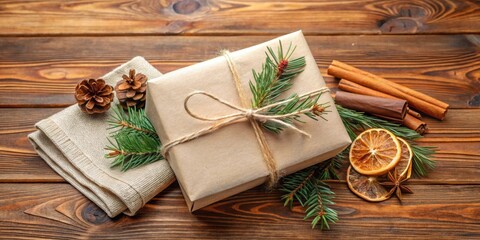 Poster - Rustic Christmas Gift Box Decorated with Evergreen Sprigs, Pine Cones, Dried Orange Slices, and Cinnamon Sticks on a Wooden Background
