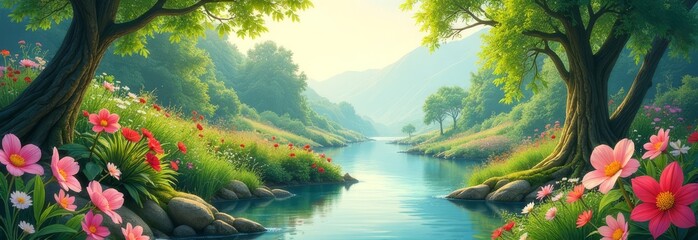Poster - A beautiful painting of a river with trees and flowers on either side