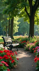 Poster - A park with a bench under a tree and flowers in the background