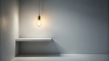 Poster - Minimalist interior design with a single lightbulb hanging over a shelf in a corner of a room