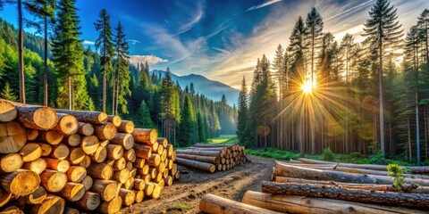 Poster - Sunlight Filtering Through the Trees Illuminates a Forest Path Lined with Stacks of Freshly Cut Logs