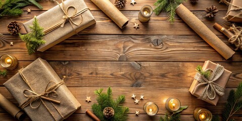 Poster - Rustic Wooden Background with Wrapped Gifts, Candles, Evergreen Branches, and Pine Cones for a Festive Holiday Setting