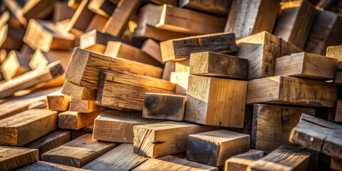 Poster - A chaotic pile of weathered wooden planks, their rough-hewn surfaces reflecting the warm glow of the sun, each piece a testament to time and craftsmanship.