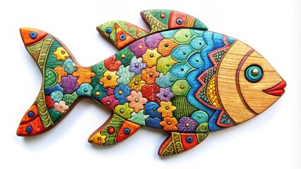 Poster - Handcrafted wooden fish with vibrant colors and intricate patterns, featuring a smiling face with red lips and a large eye