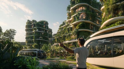 Poster - A person admires futuristic real estate developments surrounded by lush greenery in a vibrant urban setting. The design features buildings with integrated plants and advanced transit options.