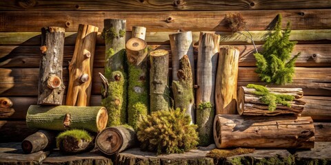 Poster - A collection of weathered logs and branches adorned with moss and verdant foliage, arranged against a rustic wooden backdrop