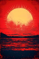 Sticker - A vibrant stylized illustration of a large, glowing sun setting over a tranquil water body, surrounded by dramatic red hues and silhouettes of distant trees.