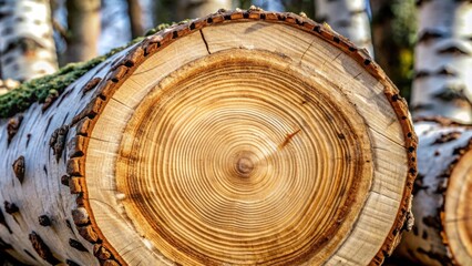 Poster - A close-up view of a tree trunk's cross-section revealing concentric growth rings, highlighting the tree's age and history