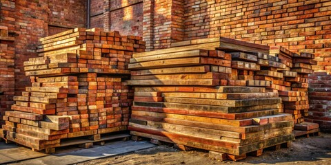 Poster - Stacks of weathered wooden planks and bricks against a brick wall in the warm glow of the setting sun