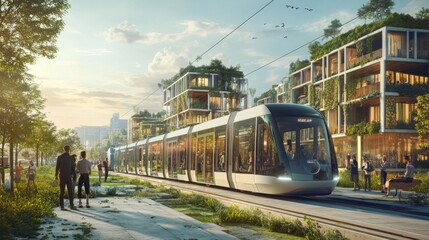 Aufkleber - A vibrant urban scene showcases a modern tram traveling through an eco-friendly neighborhood. People gather along the pathway, enjoying greenery and innovative architecture at sunset.