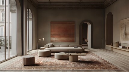 Aufkleber - A living room with a high ceiling, a central rug, and neutral-toned furniture enhancing the minimalist design.