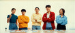 © Summit Art Creations - Panoramic banner young happy asian startup company employee wearing colorful casual wear stand in line together symbolize creative teamwork, job employment, HR agency recruitment. Synergic
