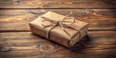 Aufkleber - A Rustic Gift Box Wrapped in Brown Paper with Twine and a Bow on a Wooden Surface