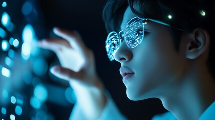 Poster - Young person interacting with digital interface in futuristic setting during nighttime
