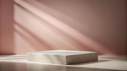 Poster - Minimalist product display featuring a textured concrete platform against a soft pink backdrop illuminated by natural sunlight streaming through a window.
