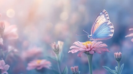 Poster - Delicate Butterfly Perched on Pink Flower with Soft Pastel Background