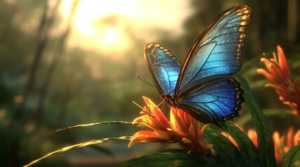 Poster - Vibrant Blue Butterfly Perched on Tropical Flower at Sunrise